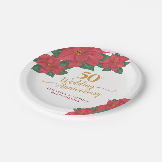 50e bruiloft Jubileum Waterverf Red Poinsettia Papieren Bordje (Gekanteld)