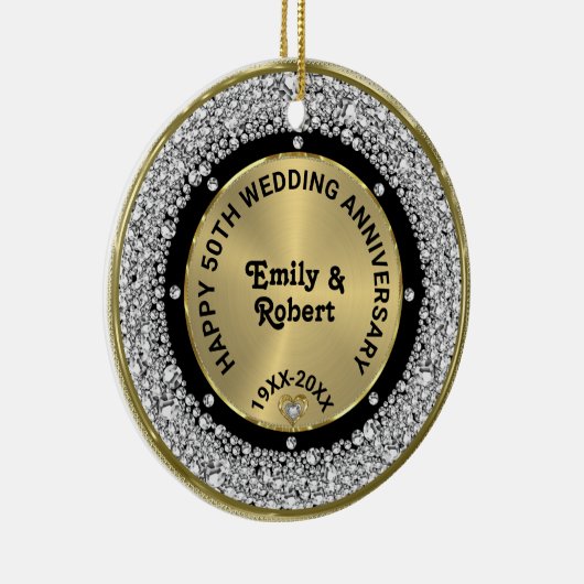 50e bruiloft Jubileum wit diamanten & goud Keramisch Ornament (Rechts)