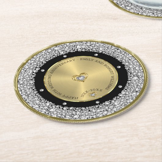 50e bruiloft Jubileum wit diamanten & goud Ronde Kartonnen Onderzetter (Gebogen)
