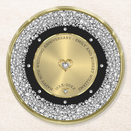50e bruiloft Jubileum wit diamanten & goud Ronde Kartonnen Onderzetter (Voorkant)