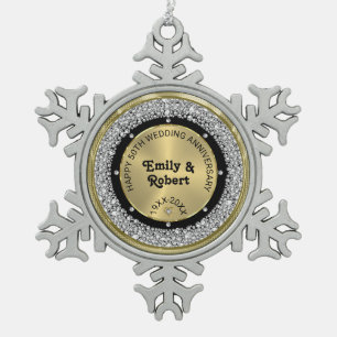 50e bruiloft Jubileum wit diamanten & goud Tin Sneeuwvlok Ornament