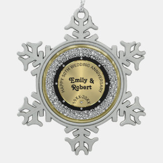 50e bruiloft Jubileum wit diamanten & goud Tin Sneeuwvlok Ornament