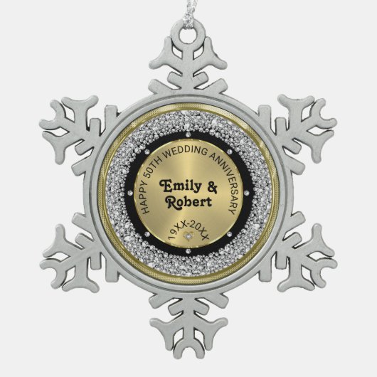 50e bruiloft Jubileum wit diamanten & goud Tin Sneeuwvlok Ornament (Voorkant)