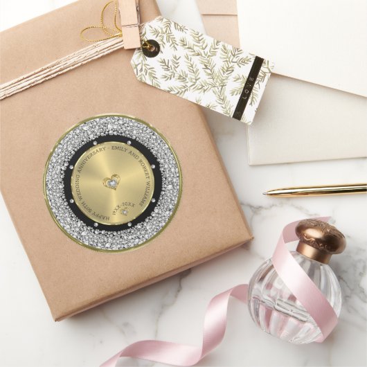 50e bruiloft Jubileum witte diamanten & goud Rou Ronde Sticker (Geschenken)