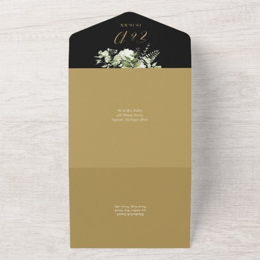 50e bruiloft Jubileum zwart en gouden bloem All In One Uitnodiging (Buitenkant)