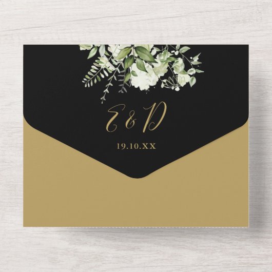 50e bruiloft Jubileum zwart en gouden bloem All In One Uitnodiging (Achterkant)