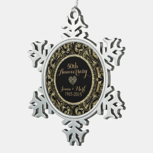 50e bruiloft Jubileum Zwart & Goud Bloemen Tin Sneeuwvlok Ornament (Rechts)