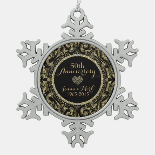 50e bruiloft Jubileum Zwart & Goud Bloemen Tin Sneeuwvlok Ornament (Voorkant)