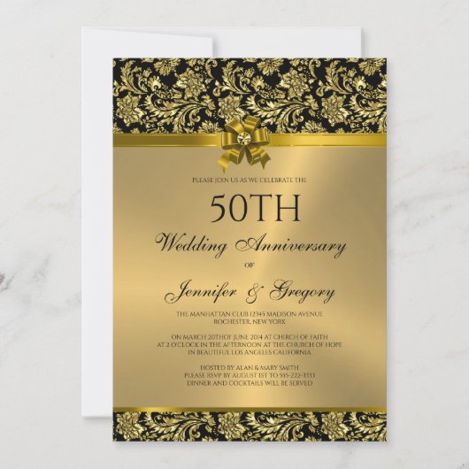 50e bruiloft Jubileum Zwart & Goud Damasks 3 Kaart (Voorkant)