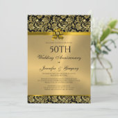 50e bruiloft Jubileum Zwart & Goud Damasks 3 Kaart (Staand voorkant)