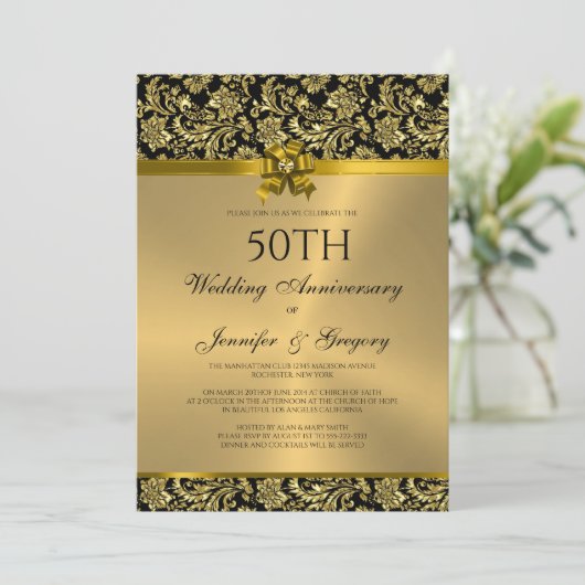 50e bruiloft Jubileum Zwart & Goud Damasks 3 Kaart (Staand voorkant)