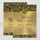 50e bruiloft Jubileum Zwart & Goud Damasks 3 Kaart (Voorkant / Achterkant)