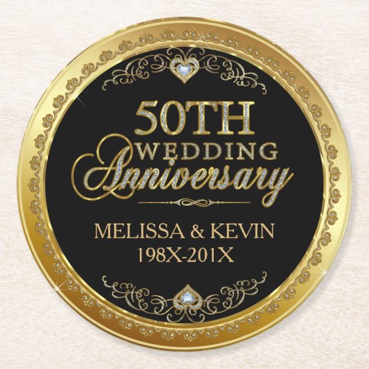 50e bruiloft Jubileum Zwart & Goud Damasks 3 Ronde Kartonnen Onderzetter (Voorkant)