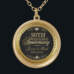 50e bruiloft Jubileum Zwart Goud & Diamanten Goud Vergulden Ketting<br><div class="desc">Elegante 50e trouwdag goud en diamanten glitter print op zwarte achtergrond. Gouden tinten rond cirkel lijst.  namen en jaren.</div>