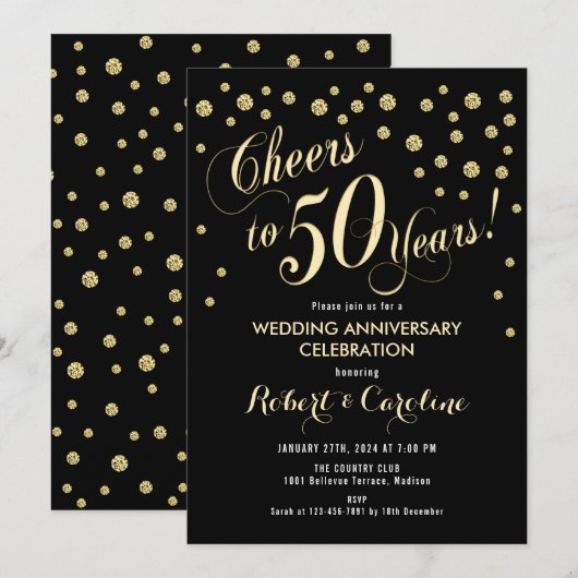 50e bruiloft Jubileum - Zwart & Goud Kaart (Voorkant / Achterkant)