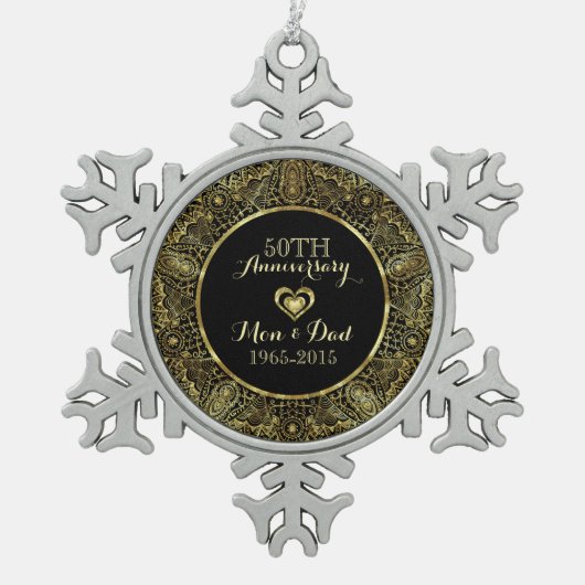 50e bruiloft Jubileum-zwart & gouden bloemen Tin Sneeuwvlok Ornament (Voorkant)