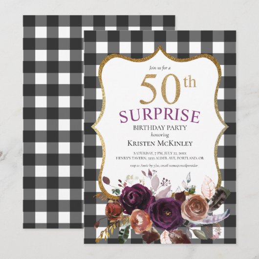 50e Buffalo Plaid Paarse Bloemen Glitter Verjaarda Kaart (Voorkant / Achterkant)