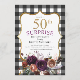 50e Buffalo Plaid Paarse Bloemen Glitter Verjaarda Kaart