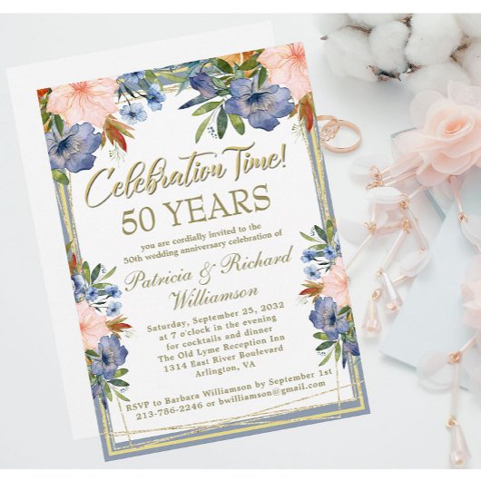 50e Chic Floral Gold Wedding Jubileum Kaart