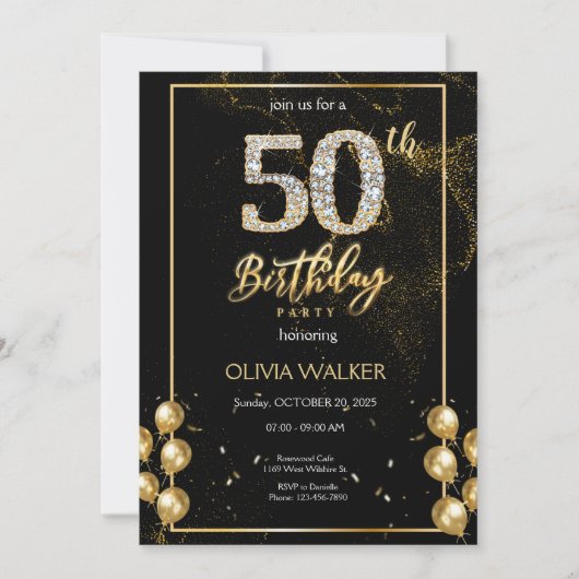 50e Diamond Black and Gold Verjaardag Kaart (Voorkant)