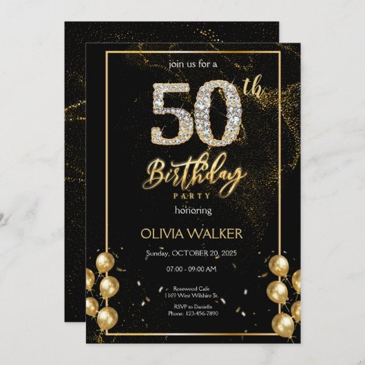 50e Diamond Black and Gold Verjaardag Kaart (Voorkant / Achterkant)