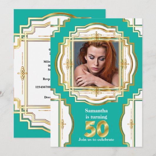 50e elegant goud blauwgroen wit lijst 50 kaart (Voorkant / Achterkant)
