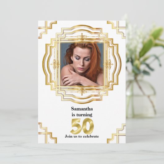 50e Elegant Goud Wit Foto lijst Fifty Chic Kaart (Staand voorkant)