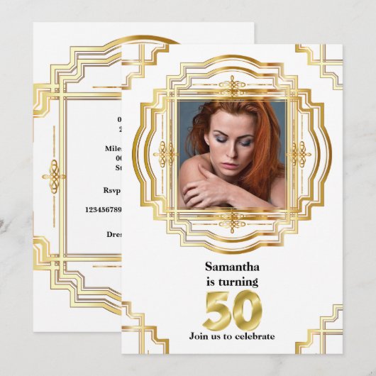 50e Elegant Goud Wit Foto lijst Fifty Chic Kaart (Voorkant / Achterkant)