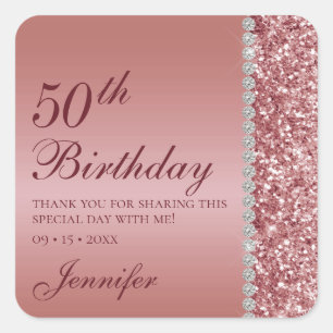 50e Elegante Roze Gouden Verjaardag Vierkante Sticker