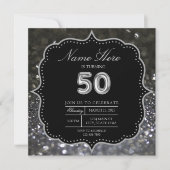 50e Elegante Zilveren Zwarte Verjaardag Kaart (Voorkant)