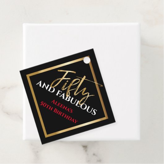 50e EN FABULOUS Birthday Black Gold Gift Label (In situ)