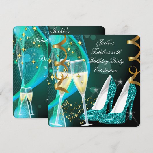 50e Fabulous Blauwgroen Glitter High Heels Birthda Kaart (Voorkant / Achterkant)