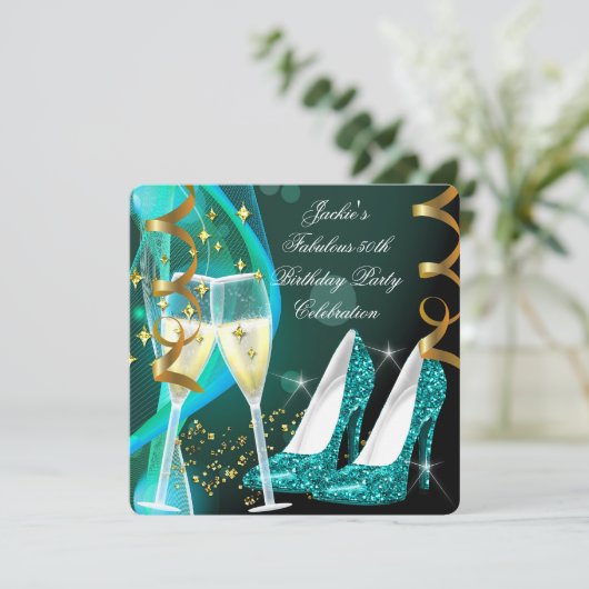 50e Fabulous Blauwgroen Glitter High Heels Birthda Kaart (Staand voorkant)