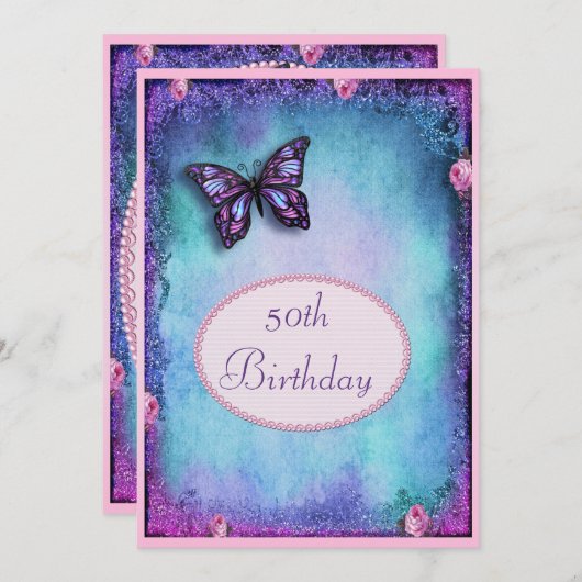 50e Faux Glitter, Butterfly, Rozen & kant Kaart (Voorkant / Achterkant)