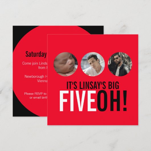 50e FIVEOH, rood en zwart! Fotoverjaardagsuitnodig Kaart (Voorkant / Achterkant)