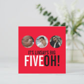 50e FIVEOH, rood en zwart! Fotoverjaardagsuitnodig Kaart (Staand voorkant)