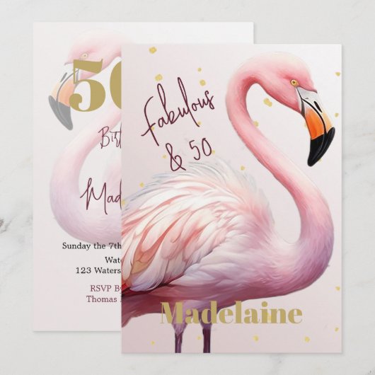 50e Flamingo Thema Roze Goud Verjaardag Kaart (Voorkant / Achterkant)
