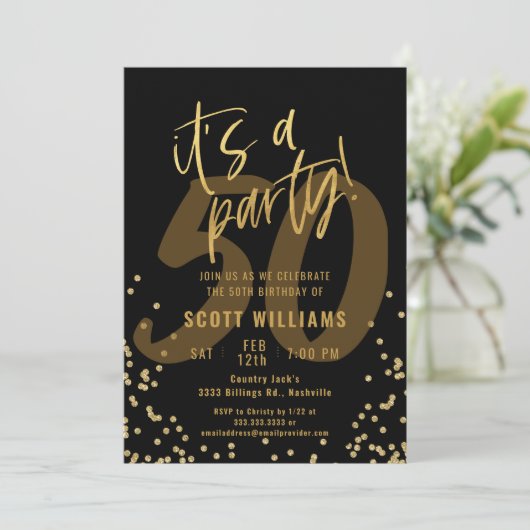 50e Fun Black en Gold Birthday Party Kaart (Staand voorkant)
