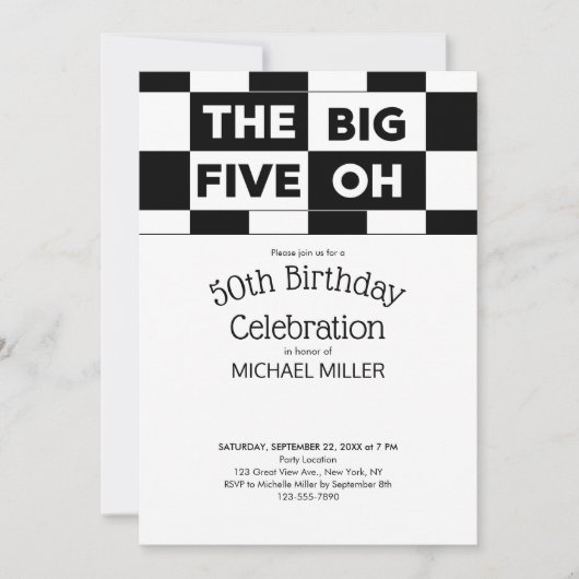 50e geboorte Party Black White Checkered Pattern Kaart (Voorkant)