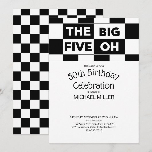 50e geboorte Party Black White Checkered Pattern Kaart (Voorkant / Achterkant)