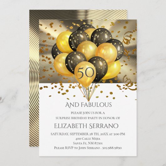 50e geboortedag ballonnen Glitter | Verrassendag Kaart (Voorkant / Achterkant)