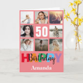 50e Gelukkige Verjaardag Fotocollage Moderne Roze  Kaart (Gele Bloem)