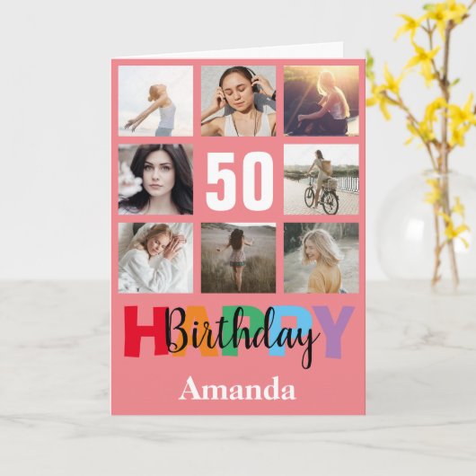 50e Gelukkige Verjaardag Fotocollage Moderne Roze  Kaart (Gele Bloem)