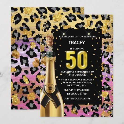50e Glam Diva Roze Gouden Luipaard Safari Print Kaart (Voorkant / Achterkant)