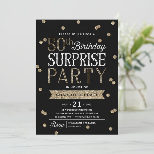 50e Glitter Confetti Surprise Party Invitation Kaart (Staand voorkant)