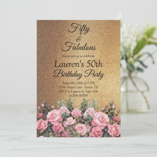 50e Glitter Goud Roos Vijftig en Fabulous Verjaard Kaart (Staand voorkant)