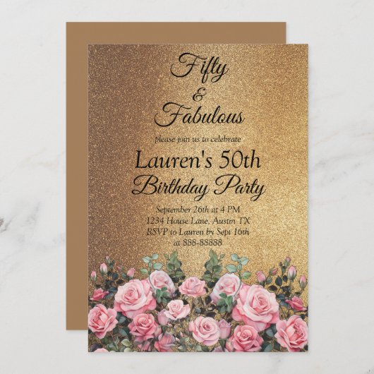 50e Glitter Goud Roos Vijftig en Fabulous Verjaard Kaart (Voorkant / Achterkant)