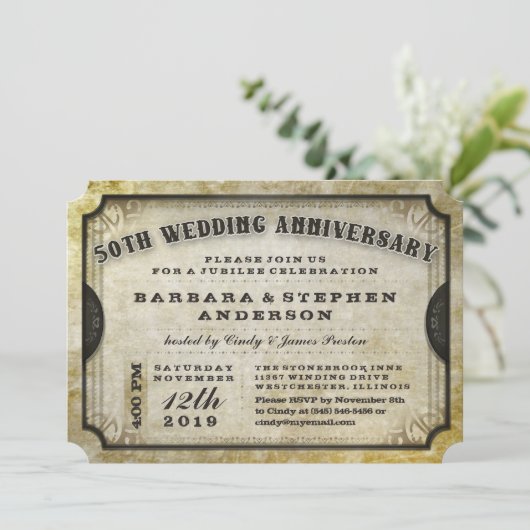 50e Gold Antiek Ticket Jubileum Uitnodiging (Staand voorkant)