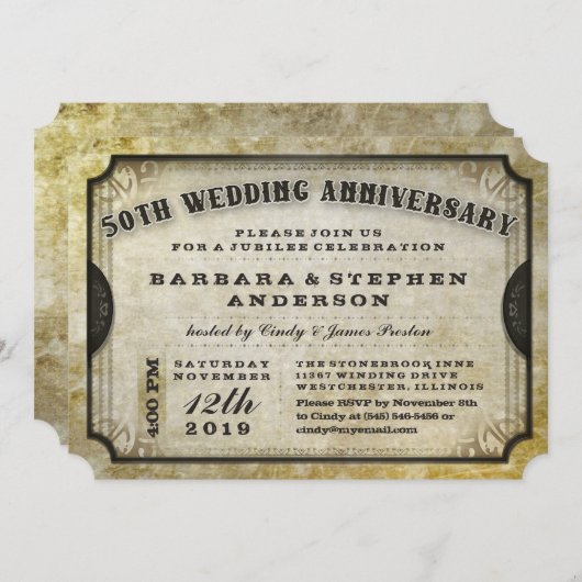 50e Gold Antiek Ticket Jubileum Uitnodiging (Voorkant / Achterkant)