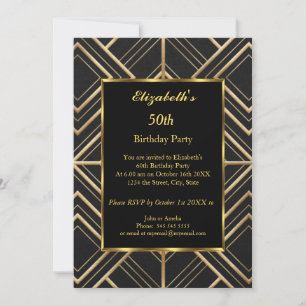  50e Gold Black Art Deco Birthday Party Kaart